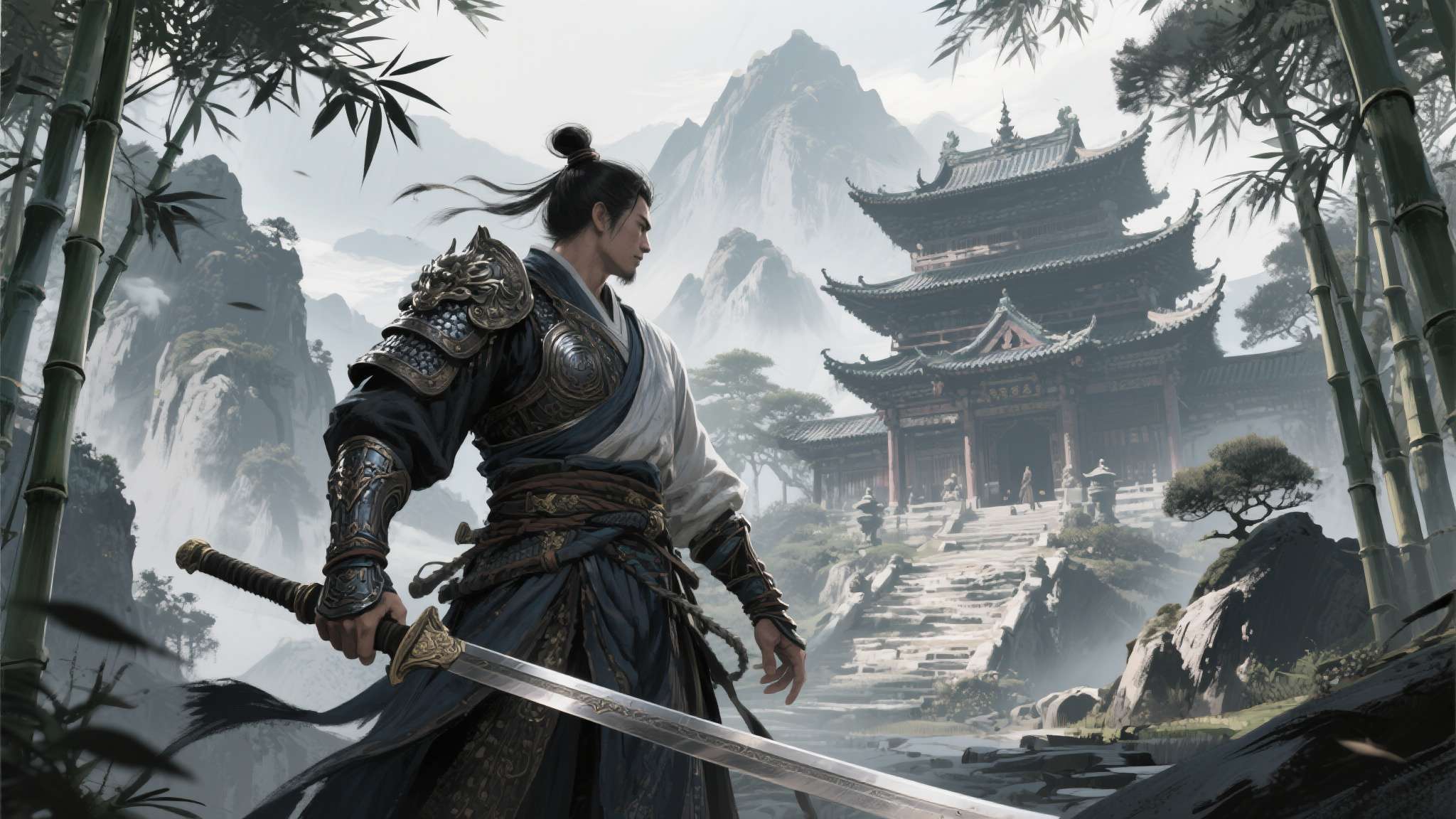 前游科员工离职单干?3A武侠概念图超酷:黑猴味太浓 从流传的概念图来看,场景设定以中国古典武侠世界为背景,山川庙宇、竹林剑客,配合极